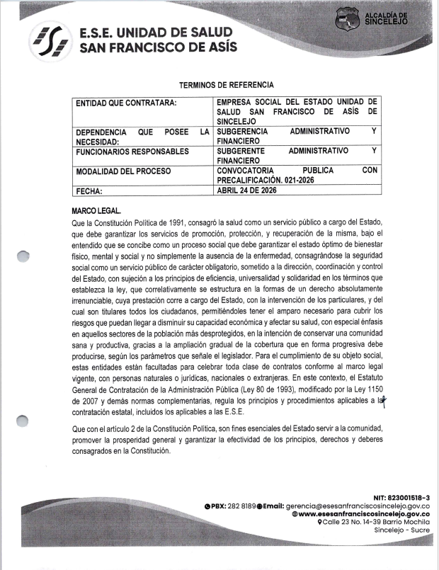 CONVOCATORIA PUBLICA CON PRECALIFICACION Nº 021 DE 2026